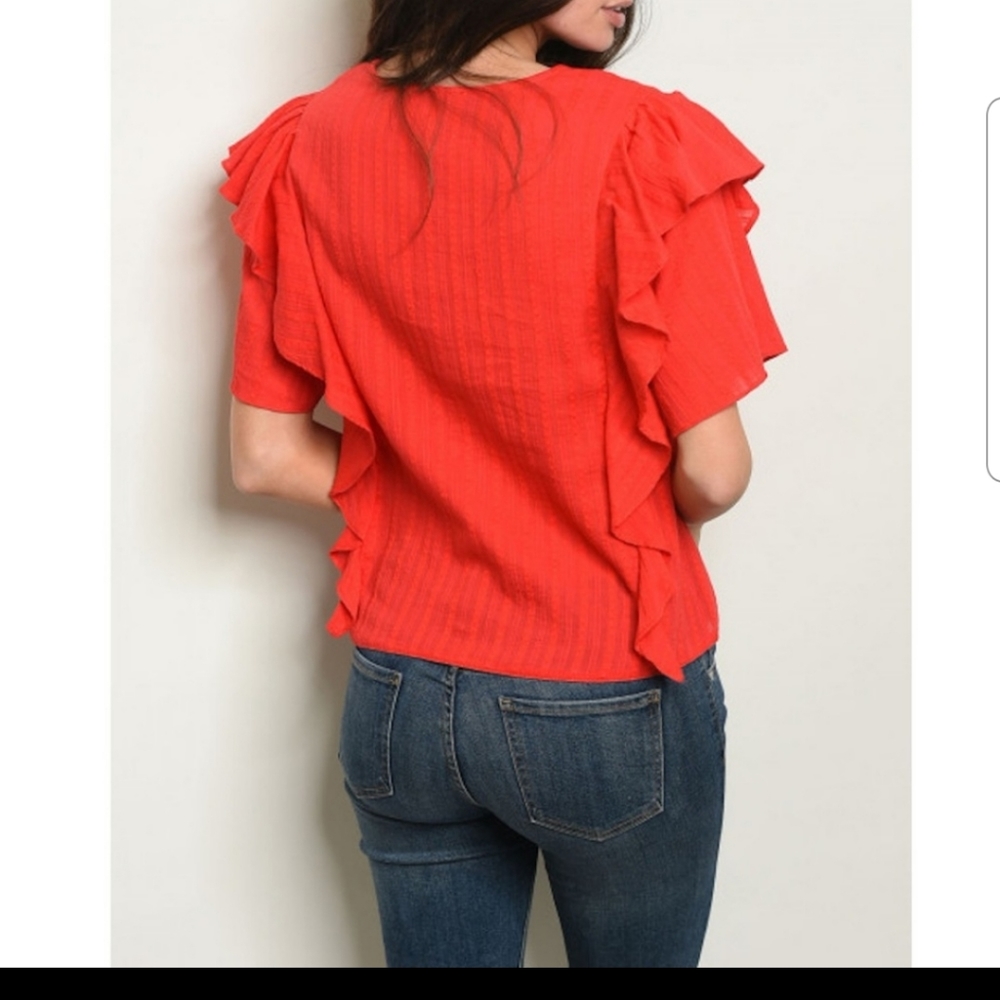 Golden Threads Red Short Sleeve Ruffle Blouse - Picture 2 of 3